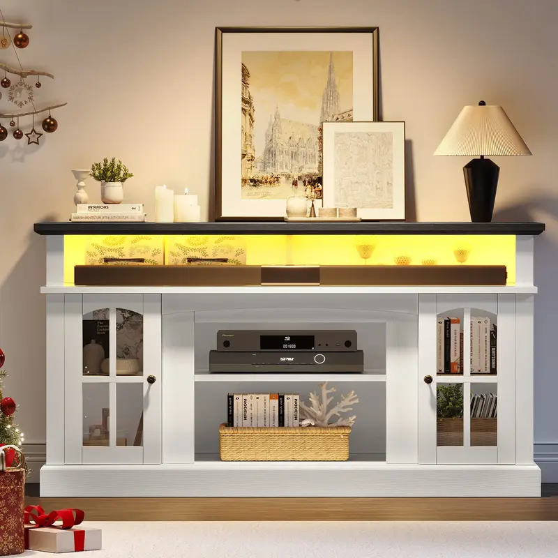 DWVO LED Farmhouse TV Stand for TV up to 65 Inch Highboy Media Entertainment Center Console Table Adjustable Storage Shelves ...