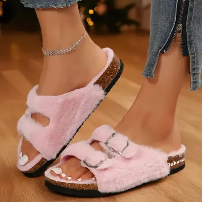 Womens Slippers Faux House Slippers Slip on Open Toe Slippers with Arch Support Adjustable Buckles Fuzzy Slides Sandals Slipp...