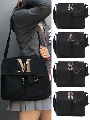 Women's Letter & Flower Pattern Canvas Crossbody Bag, Large Capacity Messenger Bag, Minimalist All-match Crossbody Bag for Co...