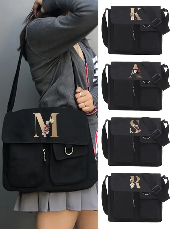 Women's Letter & Flower Pattern Canvas Crossbody Bag, Large Capacity Messenger Bag, Minimalist All-match Crossbody Bag for Co...