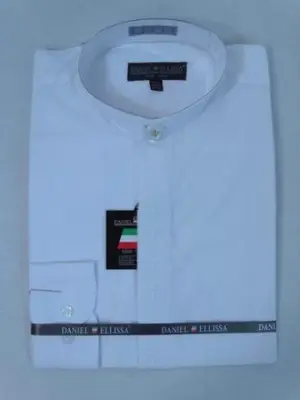 Men's Mandarin Banded Collar Pastor Preacher Preacher Round Style Long Sleeve White/White Collarless Shirt