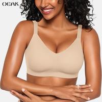 OEAK Women's Seamless Bra Wireless Push Up Support Bra Comfort Full Coverage Bra V Neck Sleep T-Shirt Everyday Bralettes