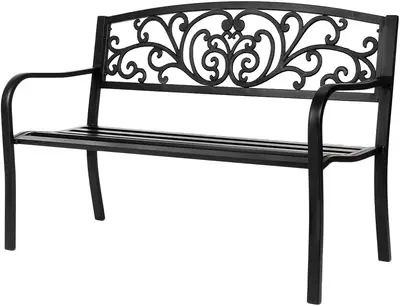 VINGLI Outdoor Bench for Patio Metal Garden Bench w/PVC Back Pattern, Black Park Bench Front Porch Bench for Yard Lawn Decor ...