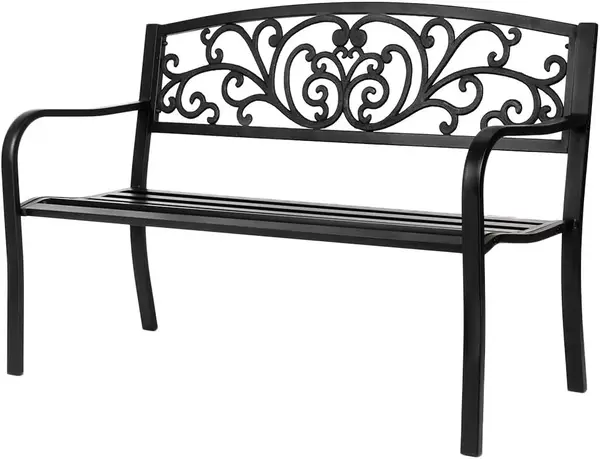 VINGLI Outdoor Bench for Patio Metal Garden Bench w/PVC Back Pattern, Black Park Bench Front Porch Bench for Yard Lawn Decor ...