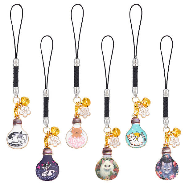 12Pcs 6 Colors Lamp Bulb with Cat Printed Alloy Mobile Straps