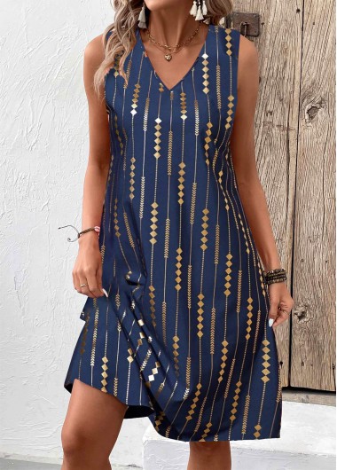 Modlily Blue Hot Stamping Geometric Print A Line Sleeveless Dress - XXL