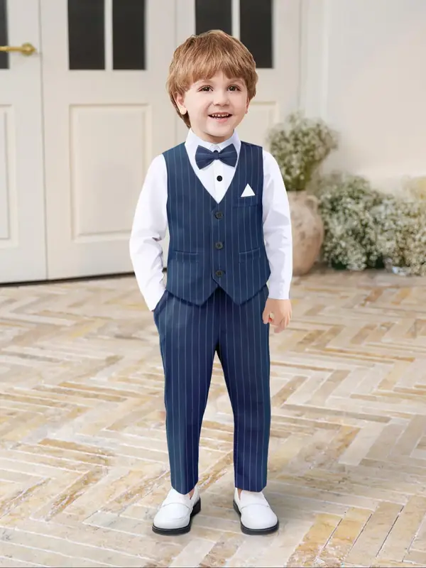 Three-piece Set Boy's Striped Print Button Front Pocket Vest & Bow Decor Shirt & Pants Set, Elegant School Performance Outfit...