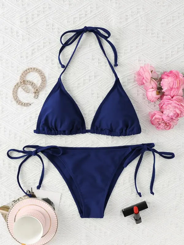 Women's Solid Bikinis Set, Tie Back Halter Triangle Swim Top & Tie Side Swim Bottom, Ladies Summer Swimwear for Beach Holiday...