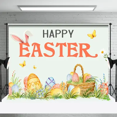 Cartoon Grassland Basket Eggs Happy Easter Backdrop - Aperturee
