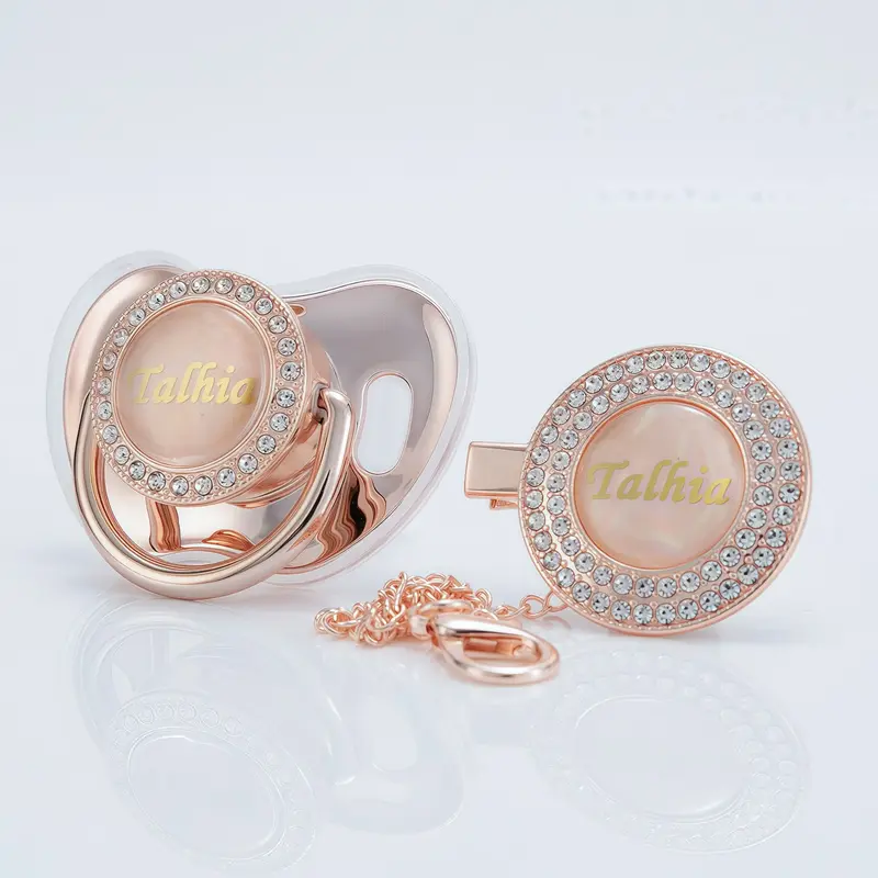 MIYOCAR Customized Rose Gold Bling Baby Pacifier & Clip Set – Personalized Diamond Binky for Newborns and Babies baby binky...