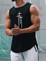 Men's Cross Print Crew Neck Graphic Tank Top, Fitted Street Style Regular Fit Casual Sleeveless Round Neck Top for Daily Outd...