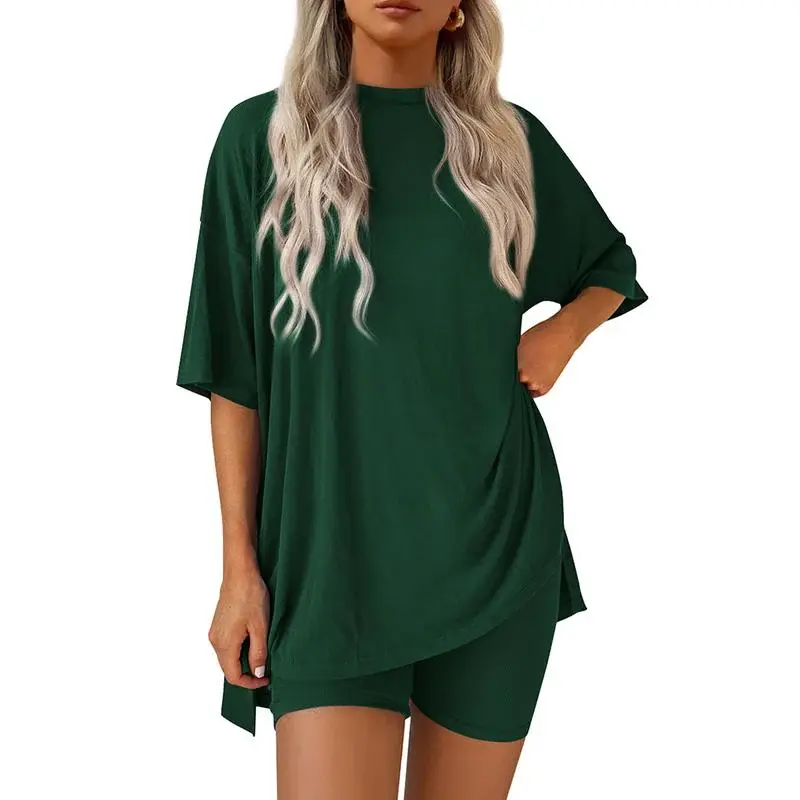Women's Summer Two-Piece Set 2025 Casual Oversized Crewneck Split Hem Shirts & Side Pocket Biker Shorts Minimalist Lounge Wea...