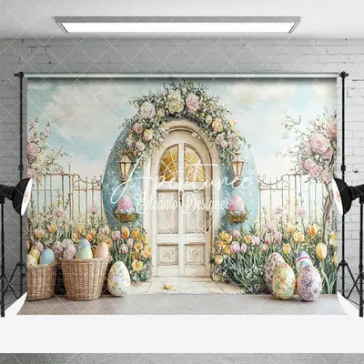 Aperturee Spring Floral Arch Gate Eggs Easter Photo Backdrop, 3X2FT(1MX0.6M), 14 USD, easter backdrops, ENHD2J77-M