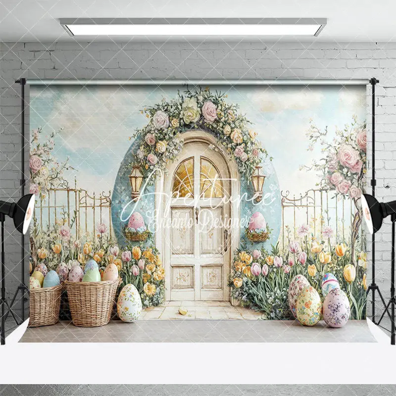 Aperturee Spring Floral Arch Gate Eggs Easter Photo Backdrop, 3X2FT(1MX0.6M), 14 USD, easter backdrops, ENHD2J77-M