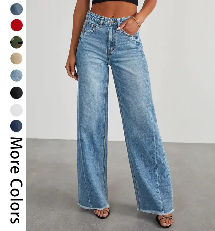 Women's Fashionable Cute Wide Leg Jeans Flowy High Waisted Strechy Raw Hem Zimbaplatinum Denim Pants(2 or 3 for fs)
