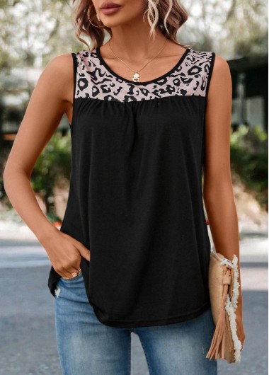 Modlily Black Patchwork Leopard Round Neck Tank Top - XL