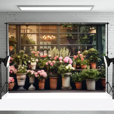 Pink Floral Green Plant Window Spring Photo Backdrop - Aperturee