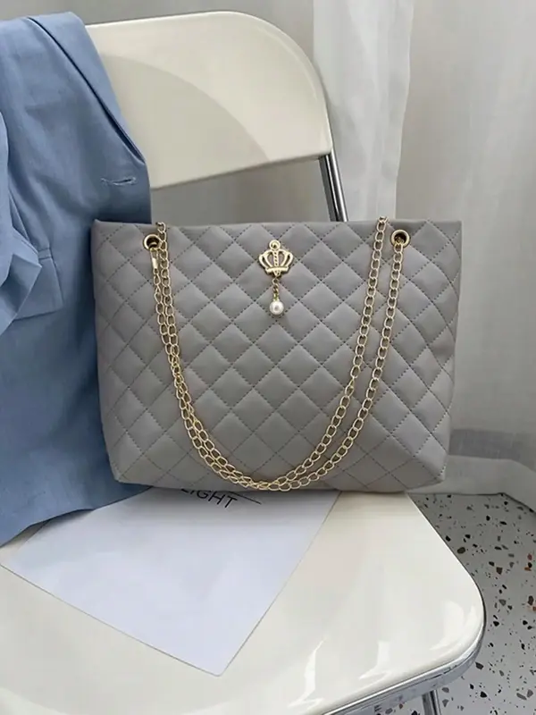 Summer 2024 1 Piece Fashion Plain Faux Pearl Decoration Rhombus Quilted Zipper Handbag, Casual Versatile PU Leather Chain Sho...
