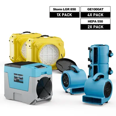 AlorAir Water Damage Restoration Combo Pack, 1 X Storm LGR 850 Dehumidifier, 4 X GE1000AT Air Mover, 2 X HEPA 550 Air Scrubbe...