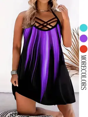Plus Size Colorblock Criss Cross Cut Out Cami Dress, Casual Sleeveless Spaghetti Strap Short Dress for Summer, Women's Plus C...
