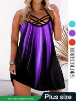 【Plus Size】 Colorblock Criss Cross Cut Out Cami Dress, Casual Sleeveless Spaghetti Strap Short Dress for Summer, Dresses ...