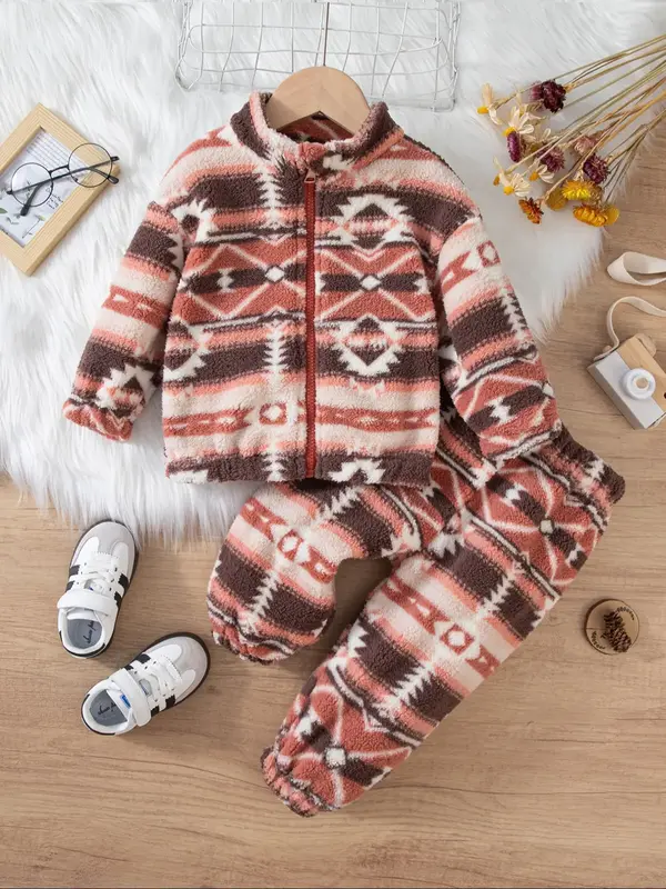 2pcs Girls' Fashion Coat Set Autumn/winter Casual Fleece Long-sleeved Coat Long Pants Ethnic Style Boys and Girls Zipper Card...