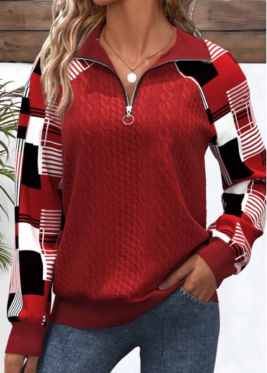 Modlily Red Patchwork Plaid Long Sleeve Turn Down Collar Sweatshirt - XL