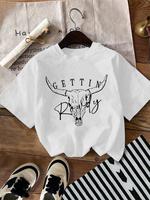 Women's Bull Head & Letter Print Round Neck Tee, Fashion Casual Drop Shoulder Short Sleeve T-shirt, Ladies Summer Clothes for...