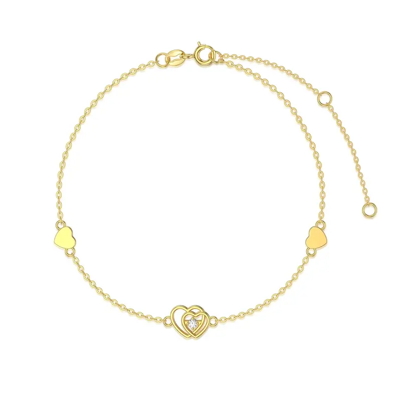 14K Gold Circular Shaped Cubic Zirconia Heart Charm Bracelet