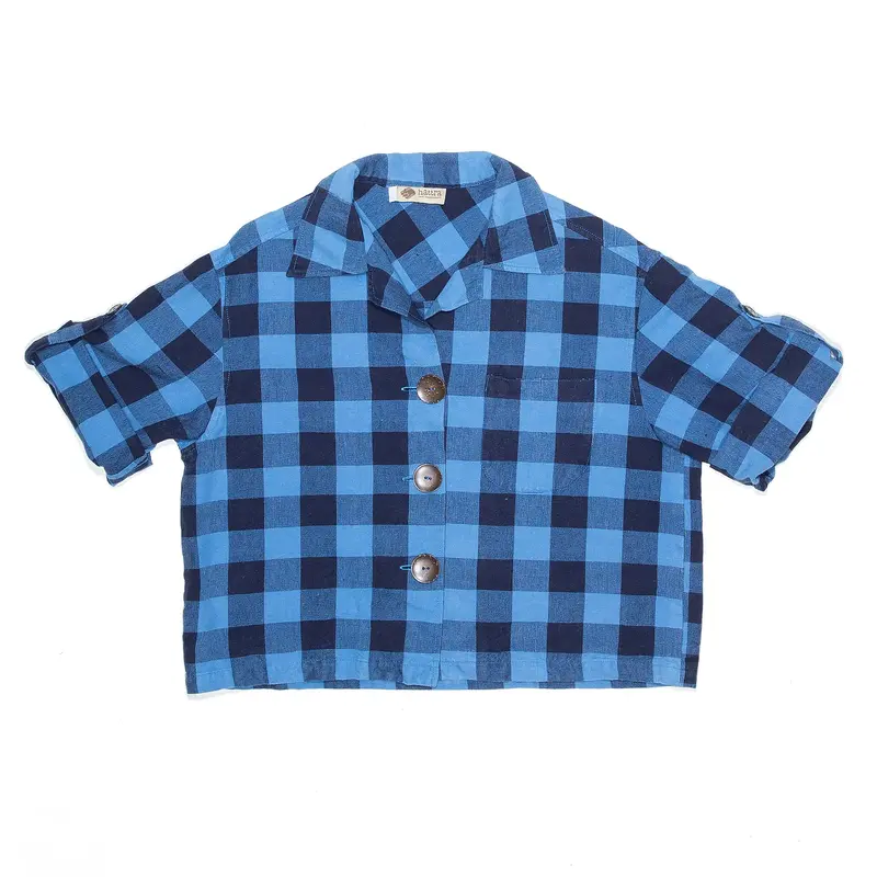 HATTRA Blue Check Short Sleeve Blouse Womens M