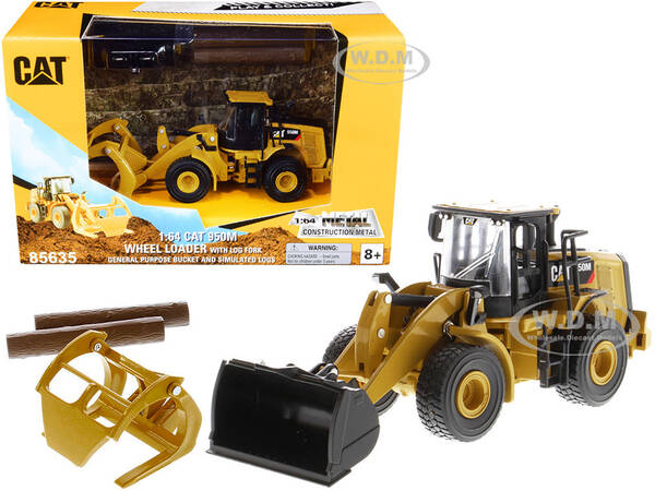 CAT Caterpillar 950M Wheel Loader with Bucket and Log Fork with Two Log Poles Play & Collect! 1/64 Diecast Model by Diecast...