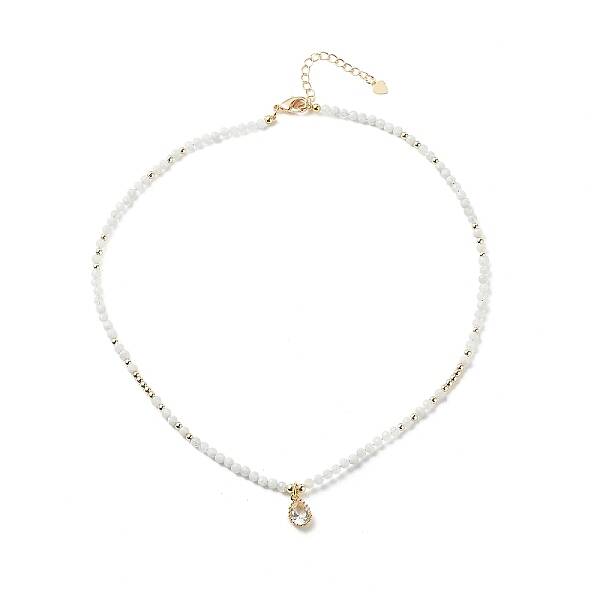 Cubic Zirconia Teardrop Pendant Necklace with Natural Moonstone Beaded Chains