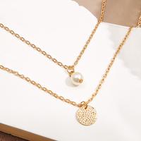 FINETOO Ladies Double Layer Necklace Elegant Gold Chain with Pearl & Round Pendant Fashion Jewelry for Women