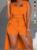 Three-piece Set Women's Solid Ribbed Crop Tank Top & Drawstring Waist Shorts & Vest Coat Set, Elegant Sleeveless Top & High W...