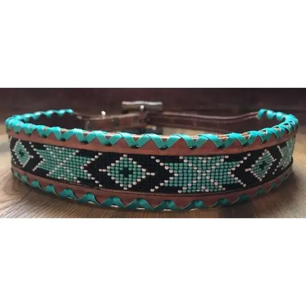 Genuine leather dog collar ith teal, white, and black beaded inlay design, a rawhide wrapped edge