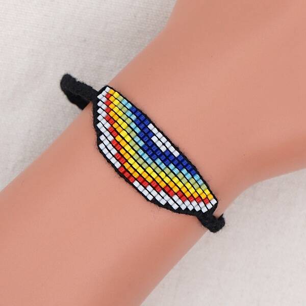 Glass Seed Wide Band with Rainbow Pattern Friendship Link Bracelet for Women