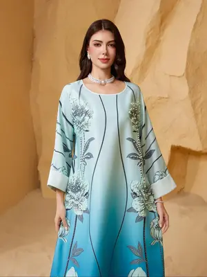 Women's Floral Print Sequins Decor Arabian Dress, Elegant  Round Neck Dress for Party Wedding Guest, Ladies Islamic Clothing ...