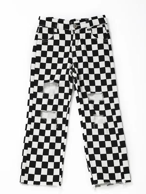 Kids Black & White Check Denim Jeans