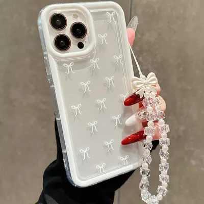 Bowknot Pattern Clear Phone Case, Fashion Phone Protective Cover with Lanyard, Phone Accessory Compatible with iPhone