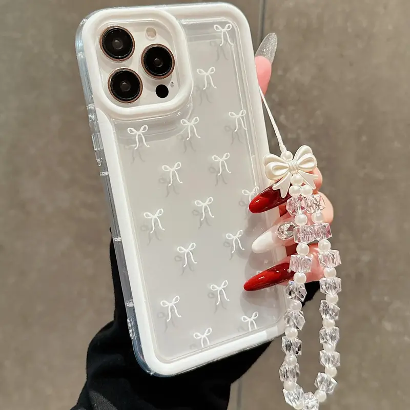 Bowknot Pattern Clear Phone Case, Fashion Phone Protective Cover with Lanyard, Phone Accessory Compatible with iPhone