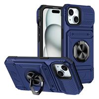 Navy Blue Full Cover Case for iPhone 16 15 14 13 12 Pro Max with Magnetic Finger Ring Clip & Card Holder Waterproof Shockproo...