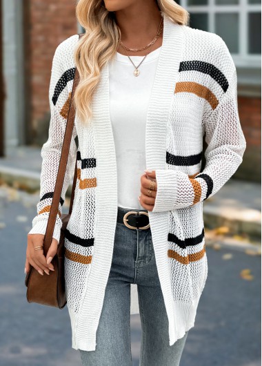 Modlily White Long Striped Drop Sleeve Cardigan - M