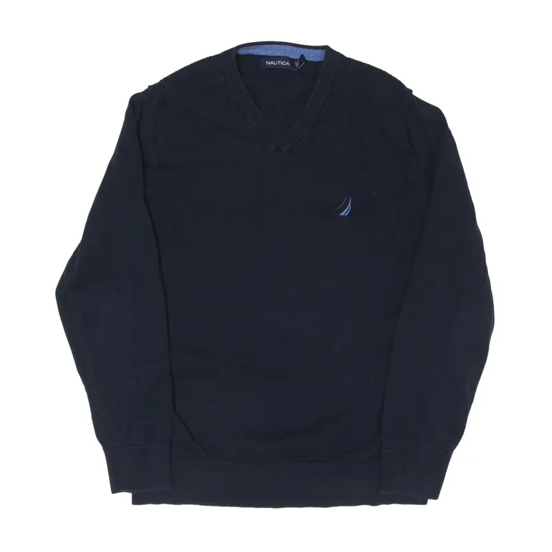 NAUTICA Jumper Blue Tight Knit V-Neck Mens M