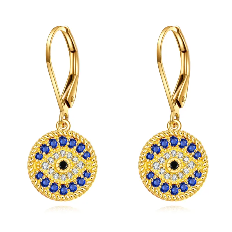 14K Gold Cubic Zirconia Evil Eye Drop Earrings