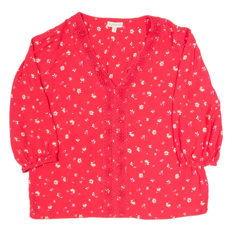 MONSOON Womens Printed Top Pink V-Neck Long Sleeve Floral M