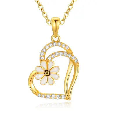 14K Gold Cubic Zirconia Daisy & Heart With Heart Necklace for Women