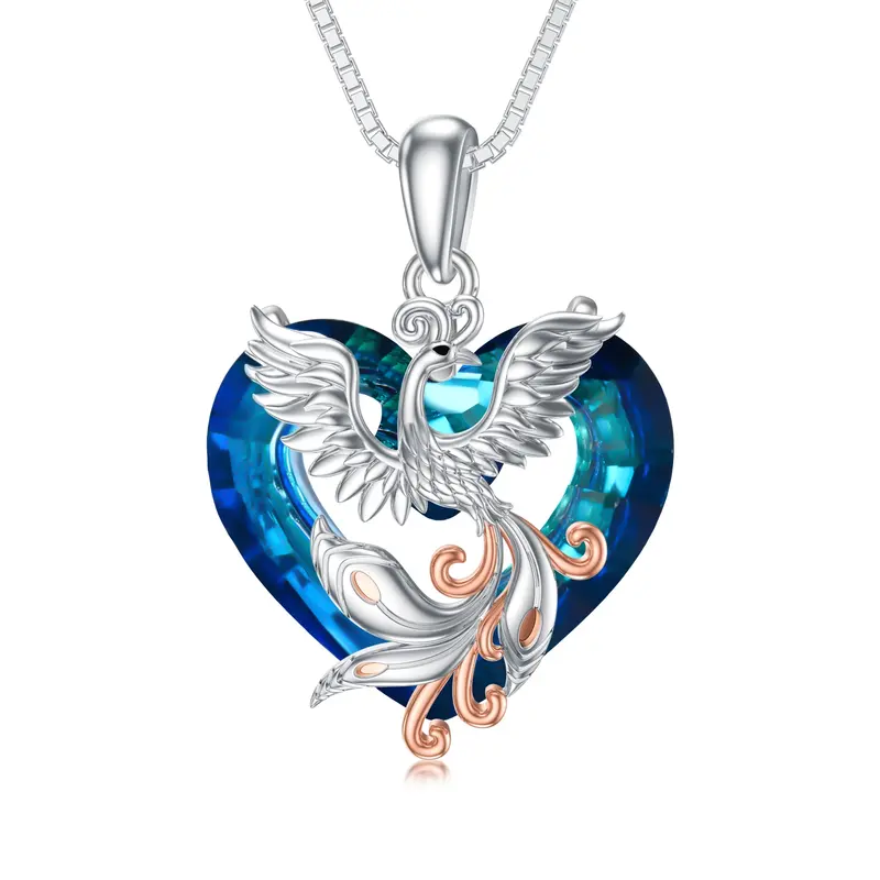 Sterling Silver Two-Tone Heart Crystal Phoenix Pendant Necklace For Women