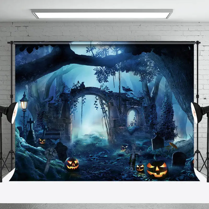 Aperturee Forest Grave Wonderland Pumpkin Halloween Backdrop - Aperturee