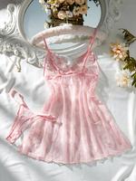 Women's 2pcs Heart Print Lettuce Trim Sheer Cami Dress & Thong, Adjustable Strap Backless Camisole Dress & Panty Set, Ladies ...