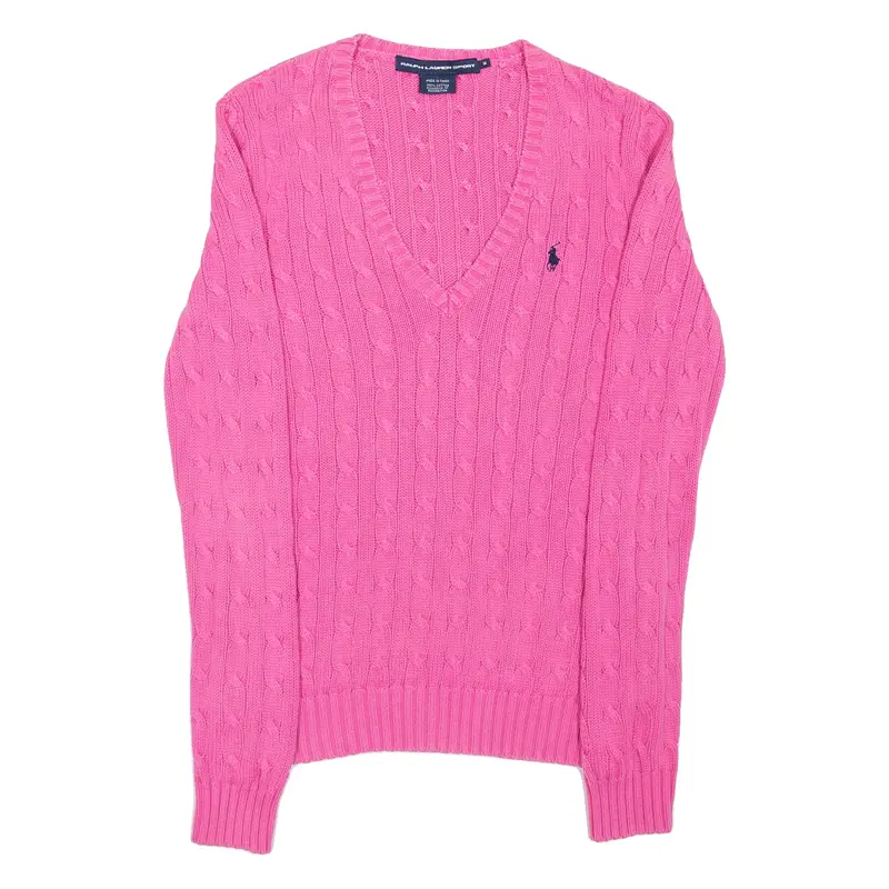 RALPH LAUREN SPORT Womens Jumper Pink V-Neck Cable Knit M